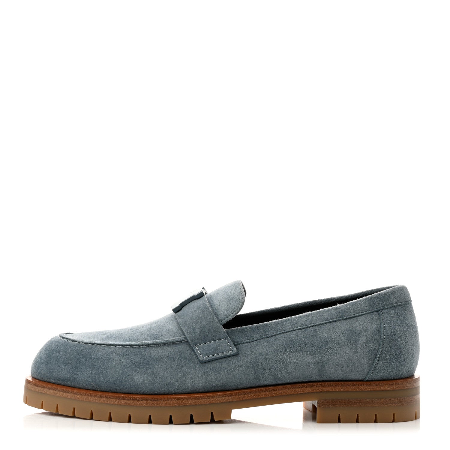Hermes Suede Goatskin Womens Faubourg Loafers 37.5 Bleu Pinede 1 of 9