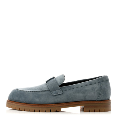 Hermes Suede Goatskin Womens Faubourg Loafers 37.5 Bleu Pinede 1 of 9