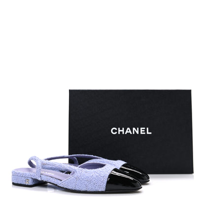 Chanel Iridescent Wool Tweed Patent Cap Toe CC Slingback Flats 39.5 Light Purple Silver Black 11 of 11