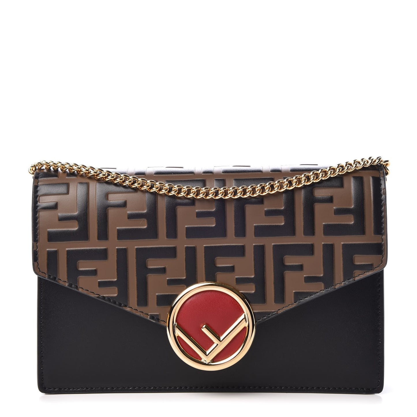 Vitello Liberty F is Fendi Bi-Color FF 1974 Embossed Medium Envelope Wallet On Chain Black Maya