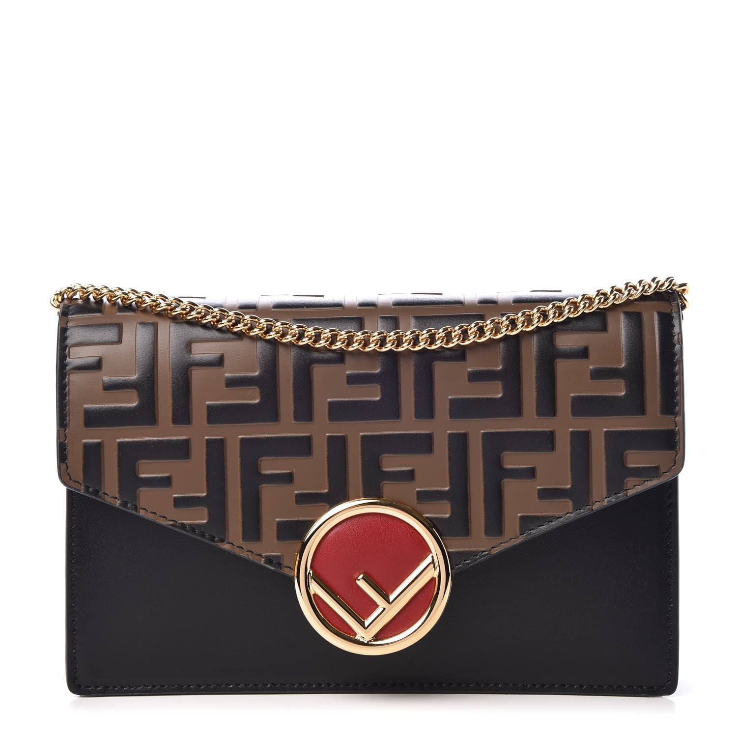 Fendi Vitello Liberty F is Fendi Bi-Color FF 1974 Embossed Medium Envelope Wallet On Chain Black Maya 1 of 8