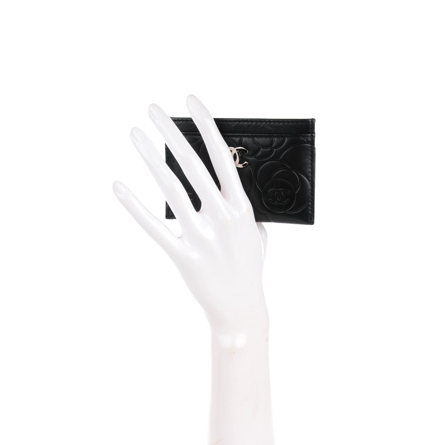 Lambskin Camellia Embossed Card Holder Black