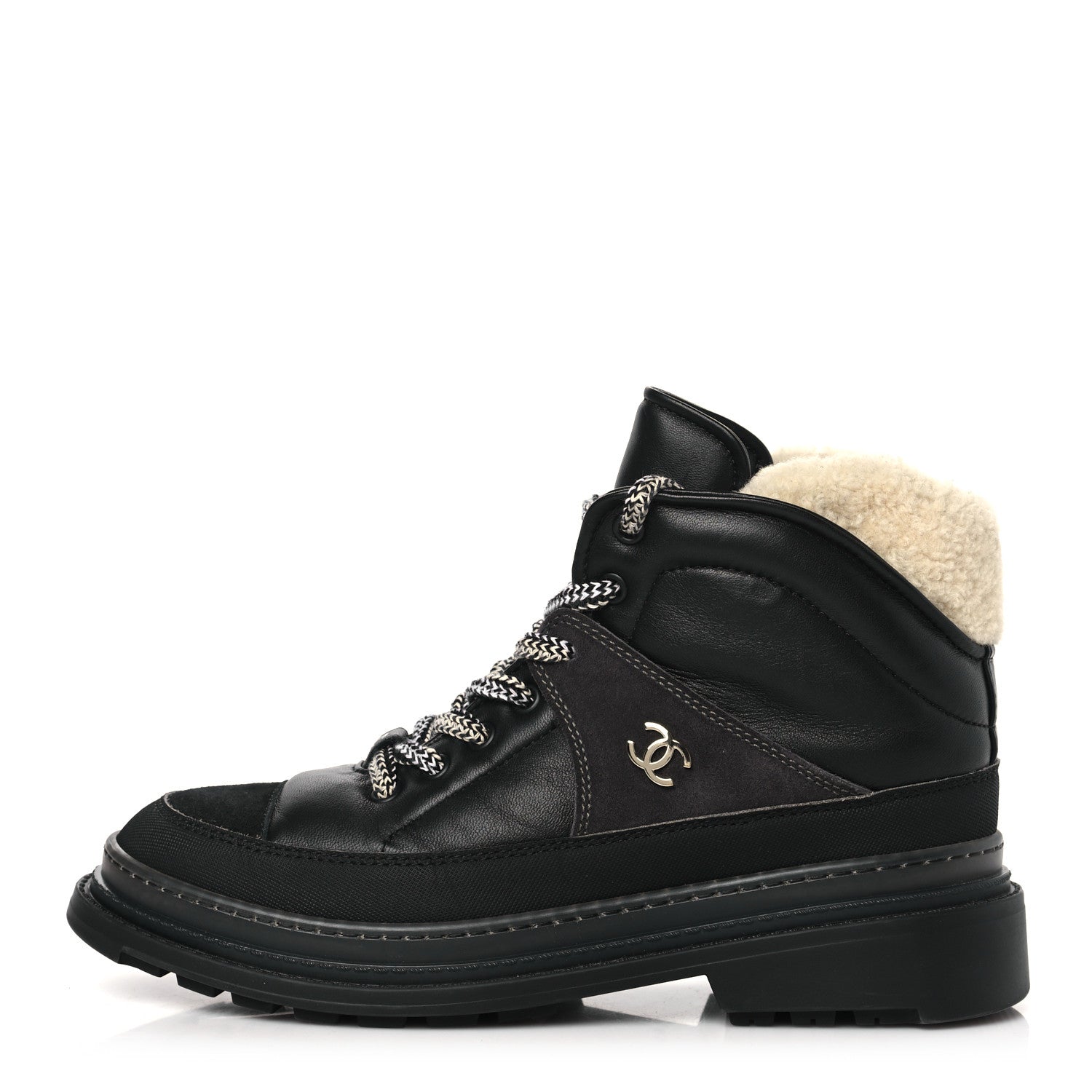 Chanel Lambskin Shearling Suede CC High Lace Up Boots 38 Black 1 of 8