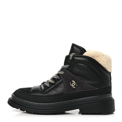 Chanel Lambskin Shearling Suede CC High Lace Up Boots 38 Black 1 of 8