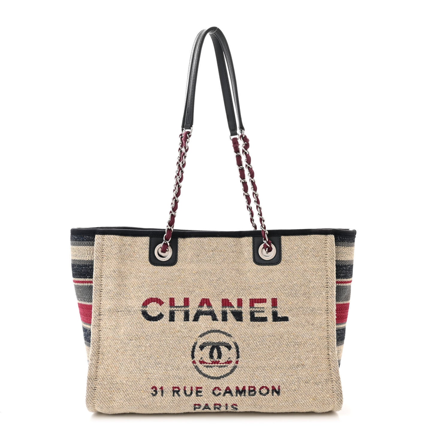 Striped Canvas Small Deauville Tote Beige
