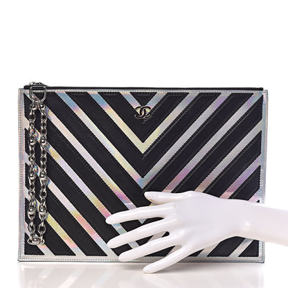 Chanel Lambskin Metallic Chevron Zip Pouch Black Silver 2 of 7