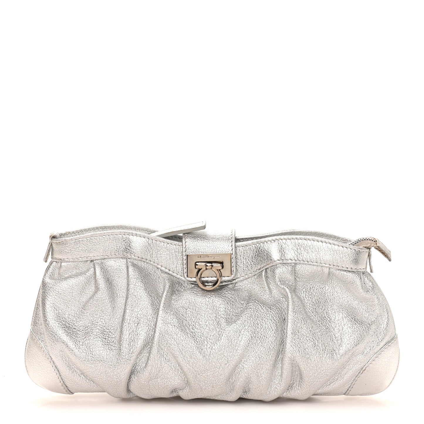 Metallic Calfskin Small Gancini Clutch Silver