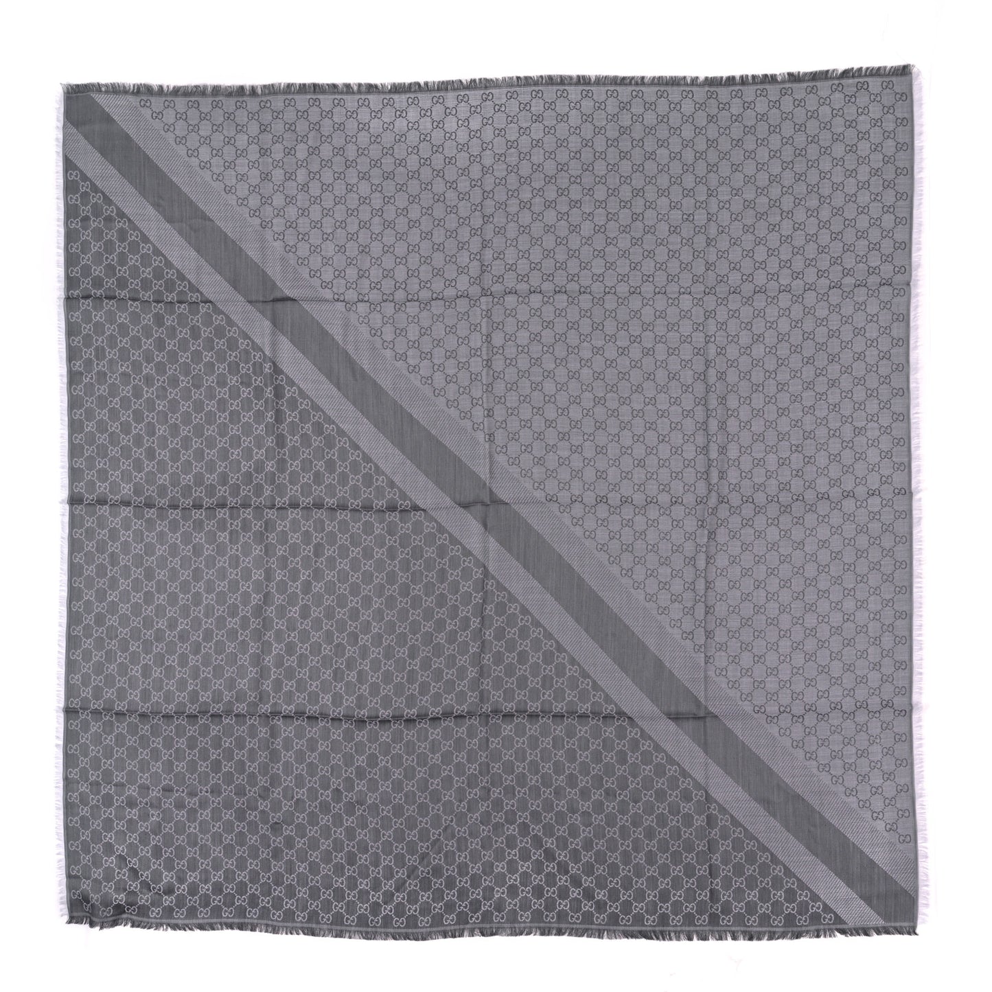 Wool Silk Monogram GGWeb Fringe Shawl Pearl Medium Grey
