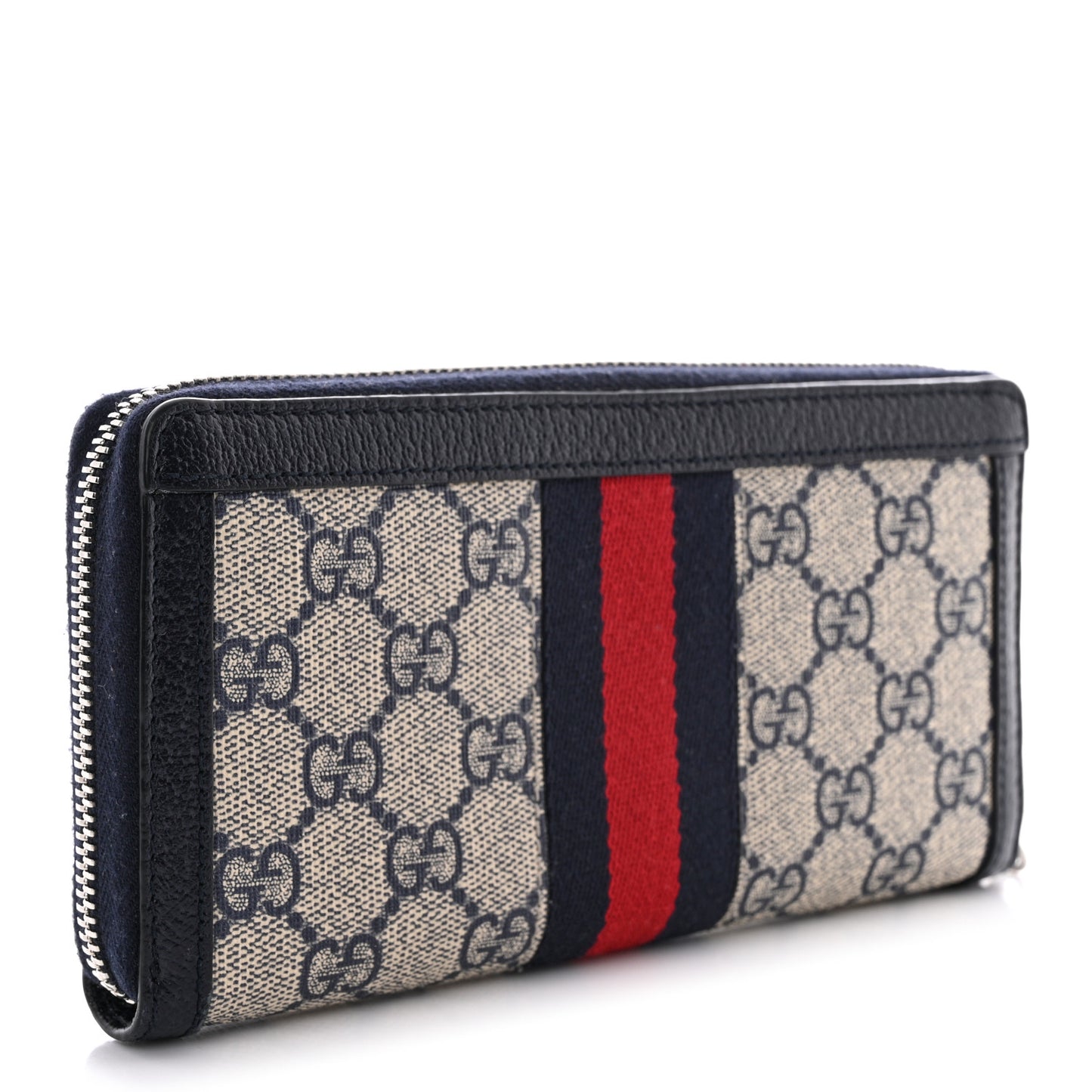 GG Supreme Monogram Textured Dollar Calfskin Web Ophidia Zip Around Wallet Beige Blue
