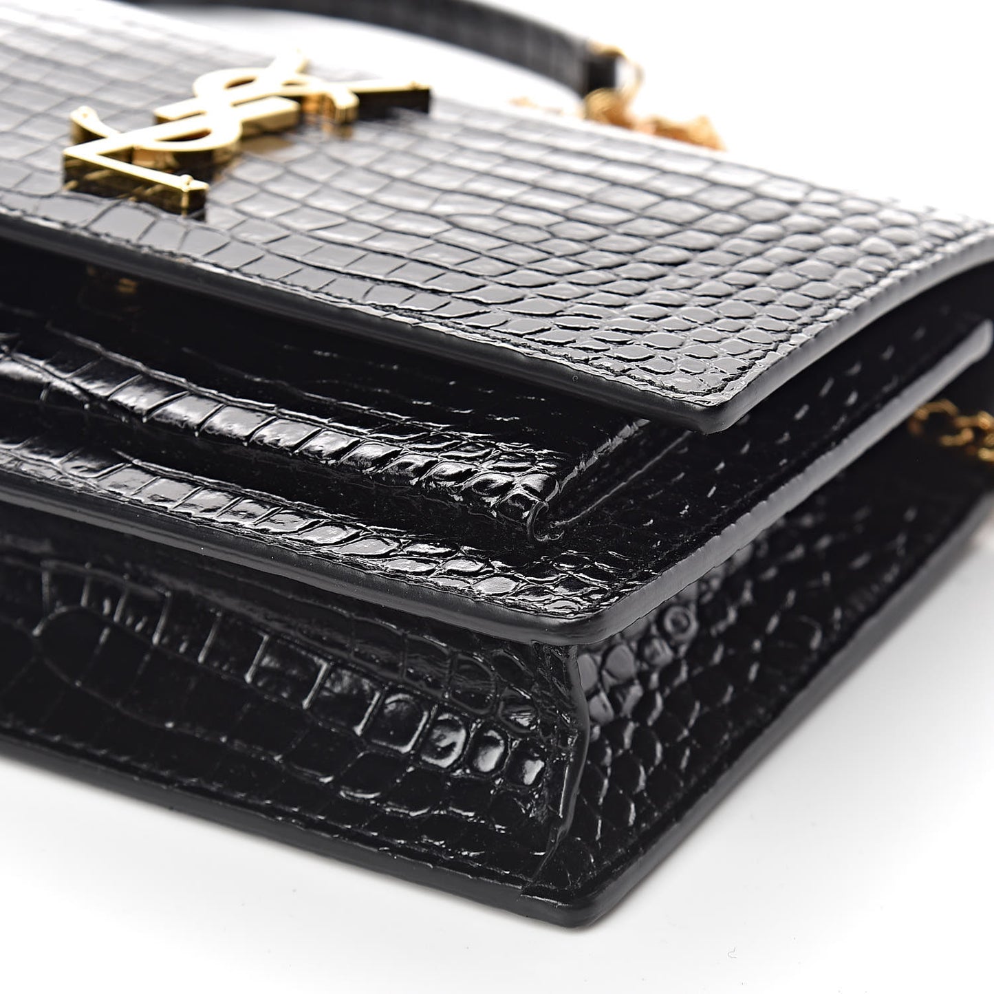 Calfskin Crocodile Embossed Monogram Sunset Chain Wallet Black