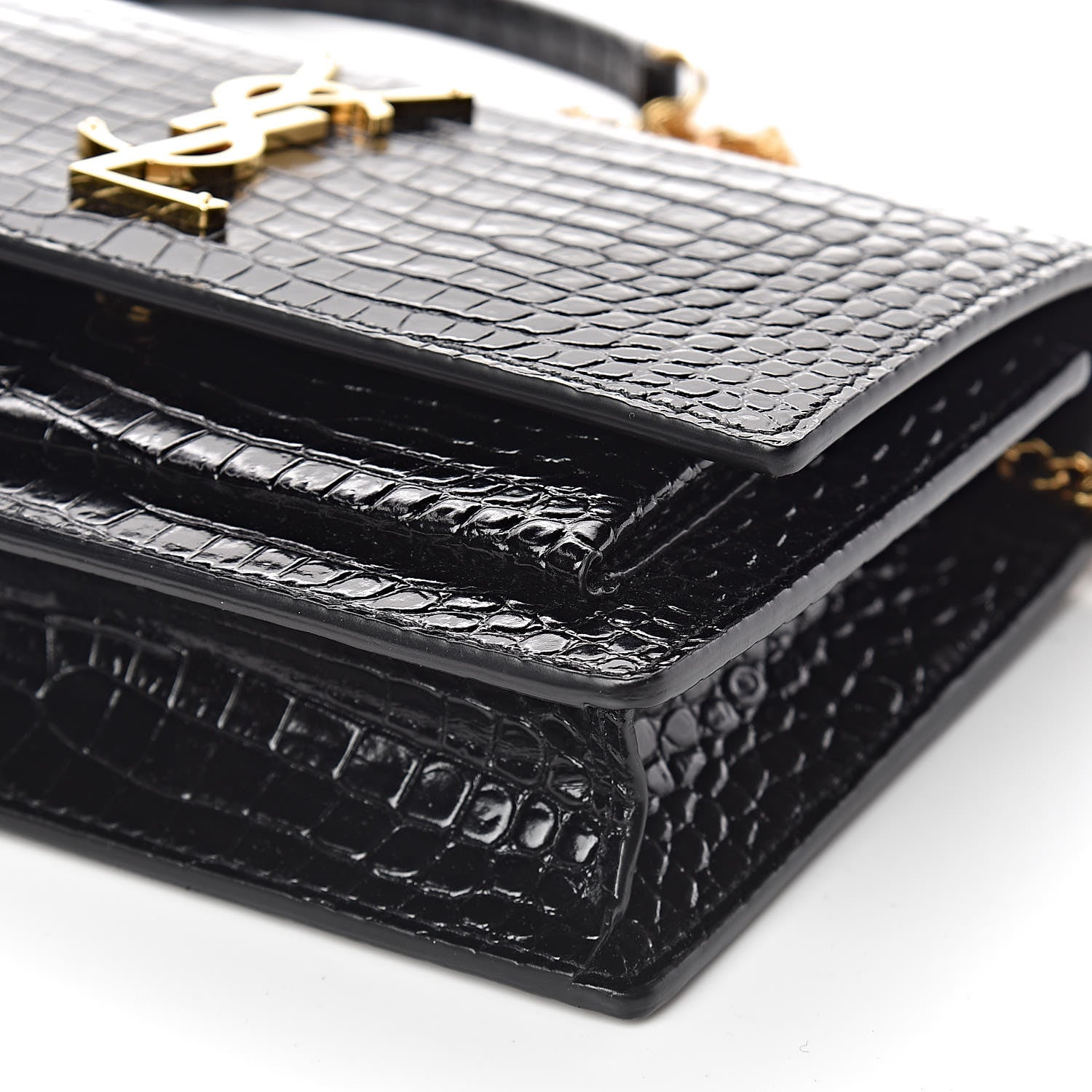 Saint Laurent Calfskin Crocodile Embossed Monogram Sunset Chain Wallet Black 8 of 9