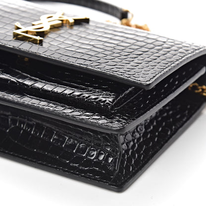 Saint Laurent Calfskin Crocodile Embossed Monogram Sunset Chain Wallet Black 8 of 9