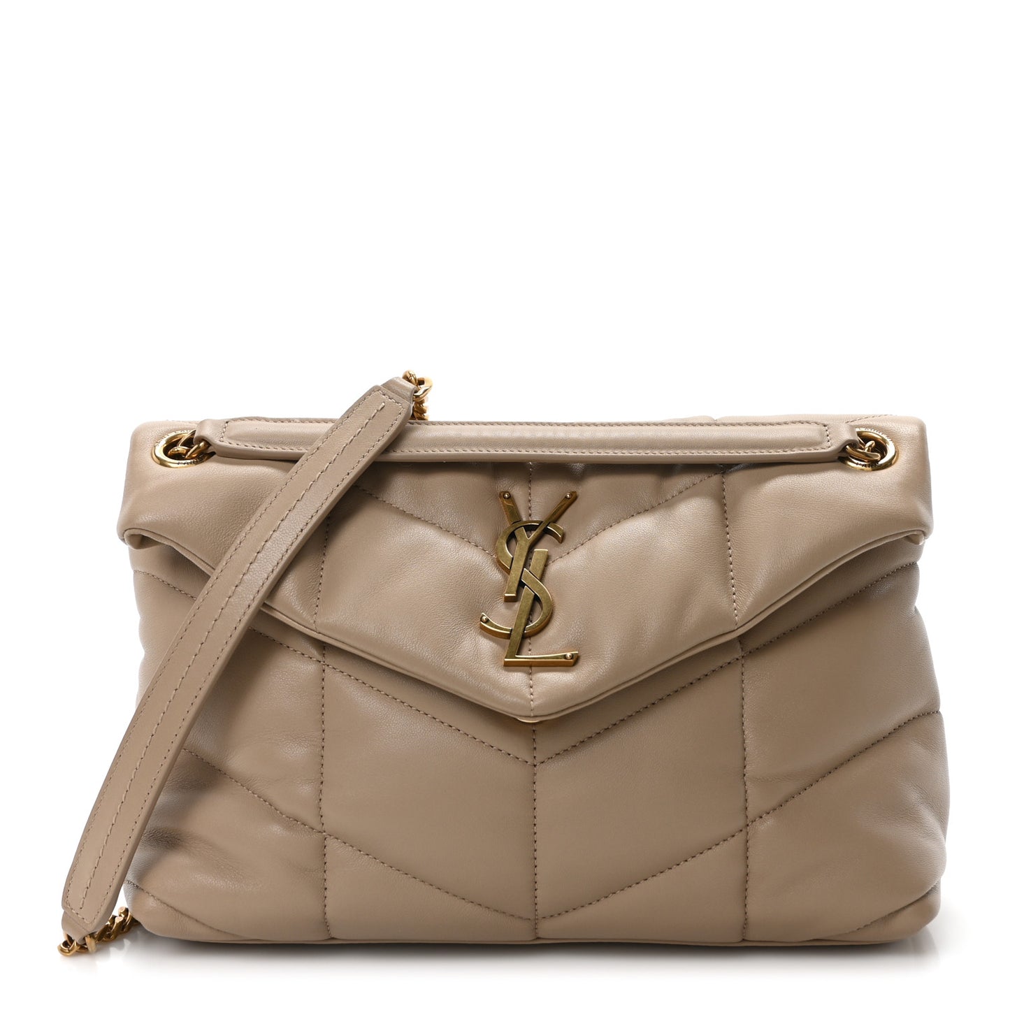 Lambskin Quilted Small Loulou Puffer Monogram Chain Satchel Dark Beige