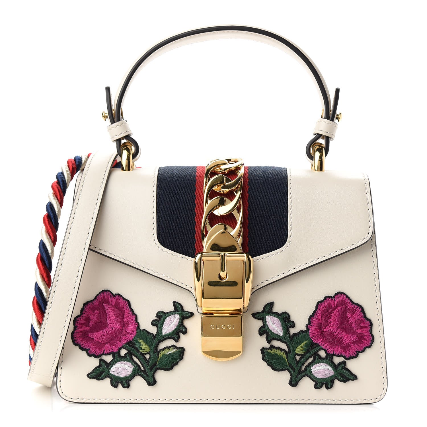 Gucci Calfskin Embroidered Mini Sylvie Top Handle Bag White 1 of 9