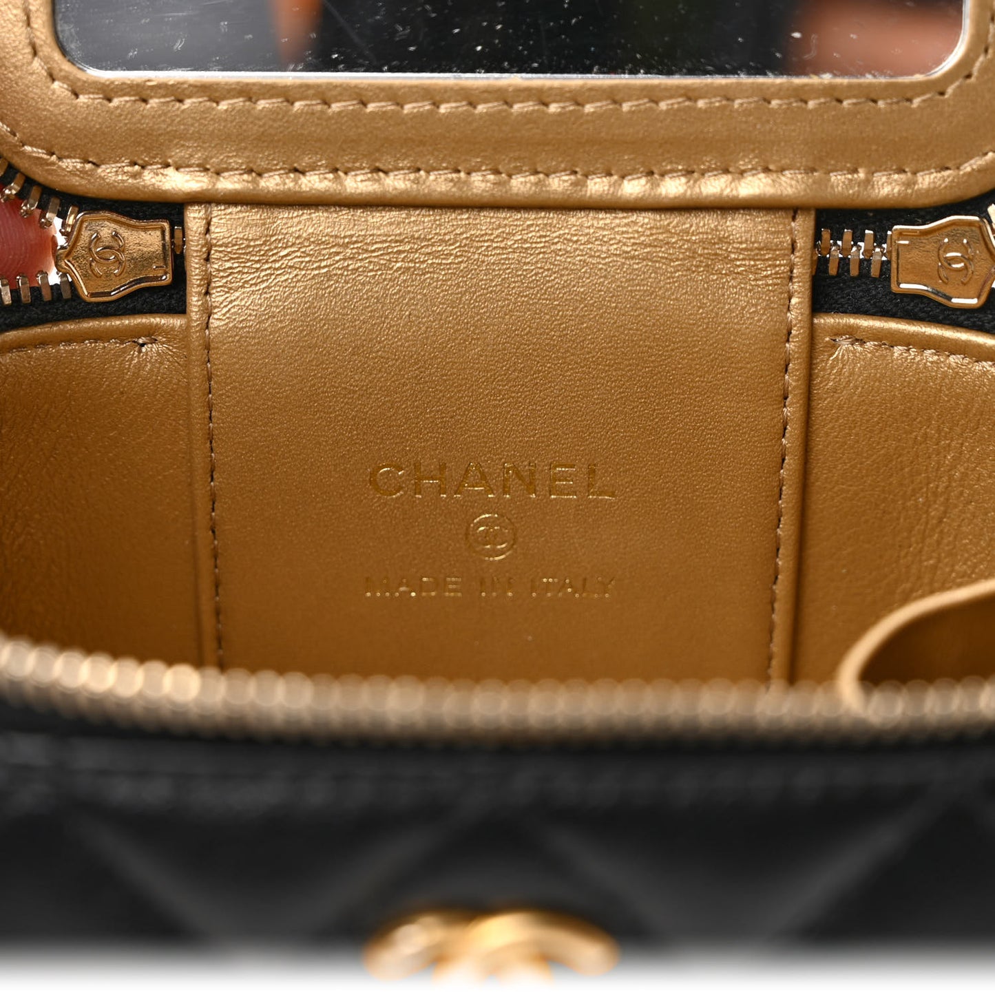 Lambskin Quilted Mini Pearl Crush Vanity Case With Chain Black