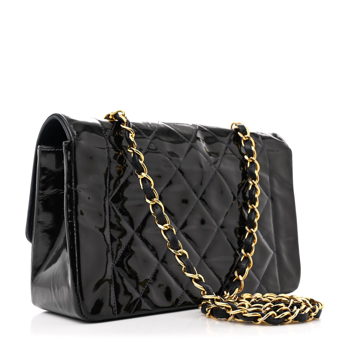 Patent Lambskin Quilted Small Single Flap Navy
