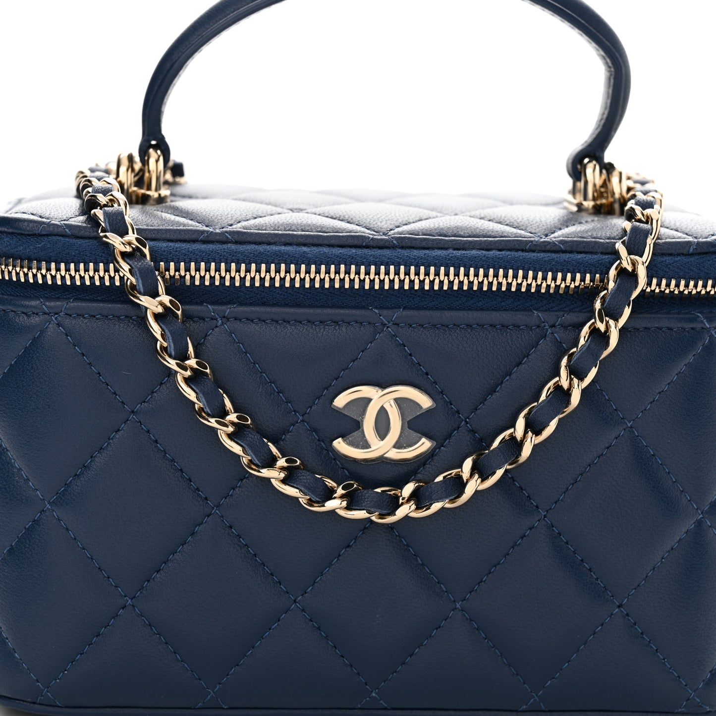 Lambskin Quilted Small Top Handle Vanity Case With Chain Dark Blue