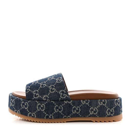 New Denim GG Monogram Angelina Platform 55mm Slide Sandals 36.5 Blue Tea