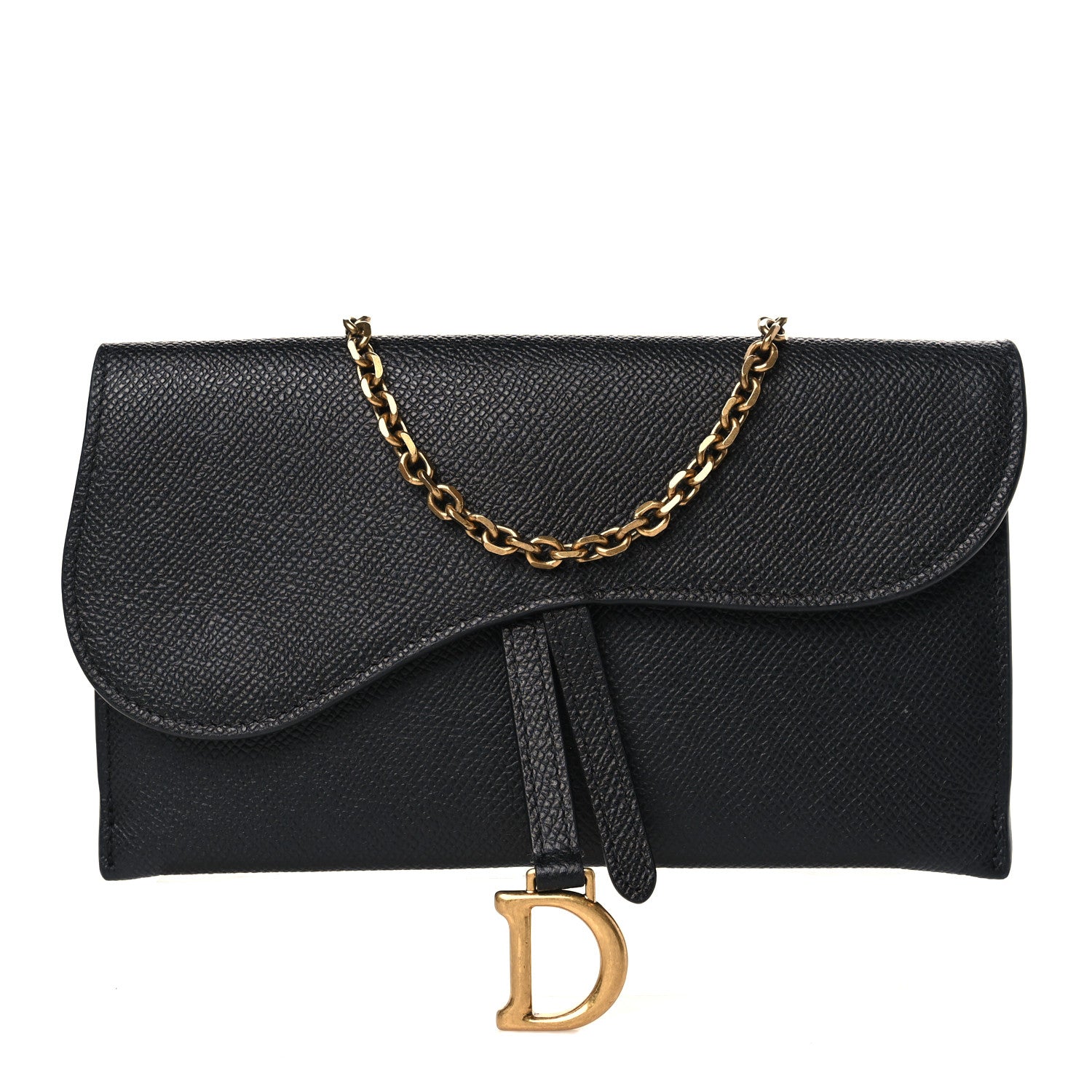 Christian Dior Grained Calfskin Saddle Chain Wallet Pouch Black 3 of 10