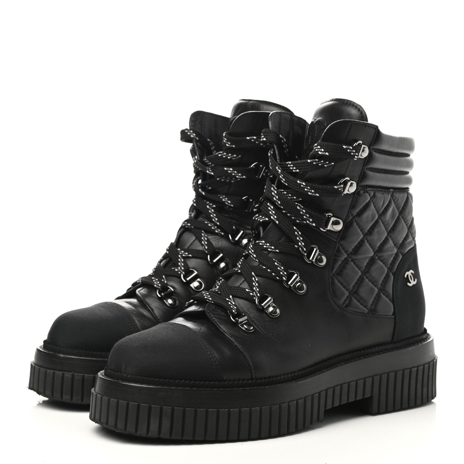 Chanel Calfskin Grosgrain Quilted Lace Up Boots 38 Black Grey 3 of 8