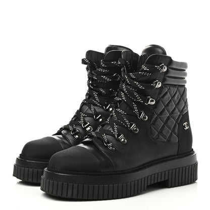 Chanel Calfskin Grosgrain Quilted Lace Up Boots 38 Black Grey 3 of 8