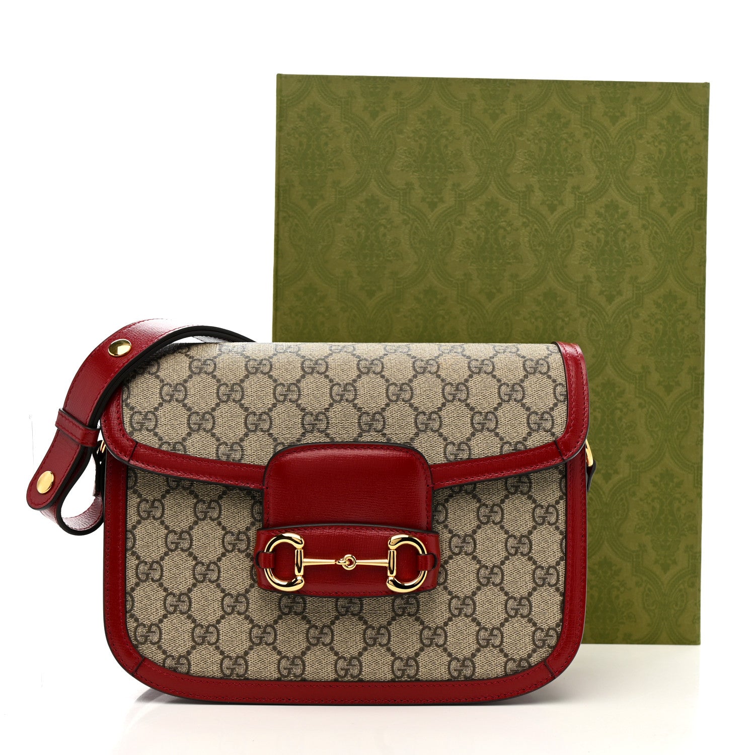 Gucci GG Supreme Monogram Azalea Calfskin Horsebit 1955 Shoulder Bag Beige Ebony New Cherry Red 12 of 12