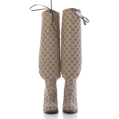 Gucci Monogram Lisa Mid Heel Boots 35 Beige Ebony 2 of 9