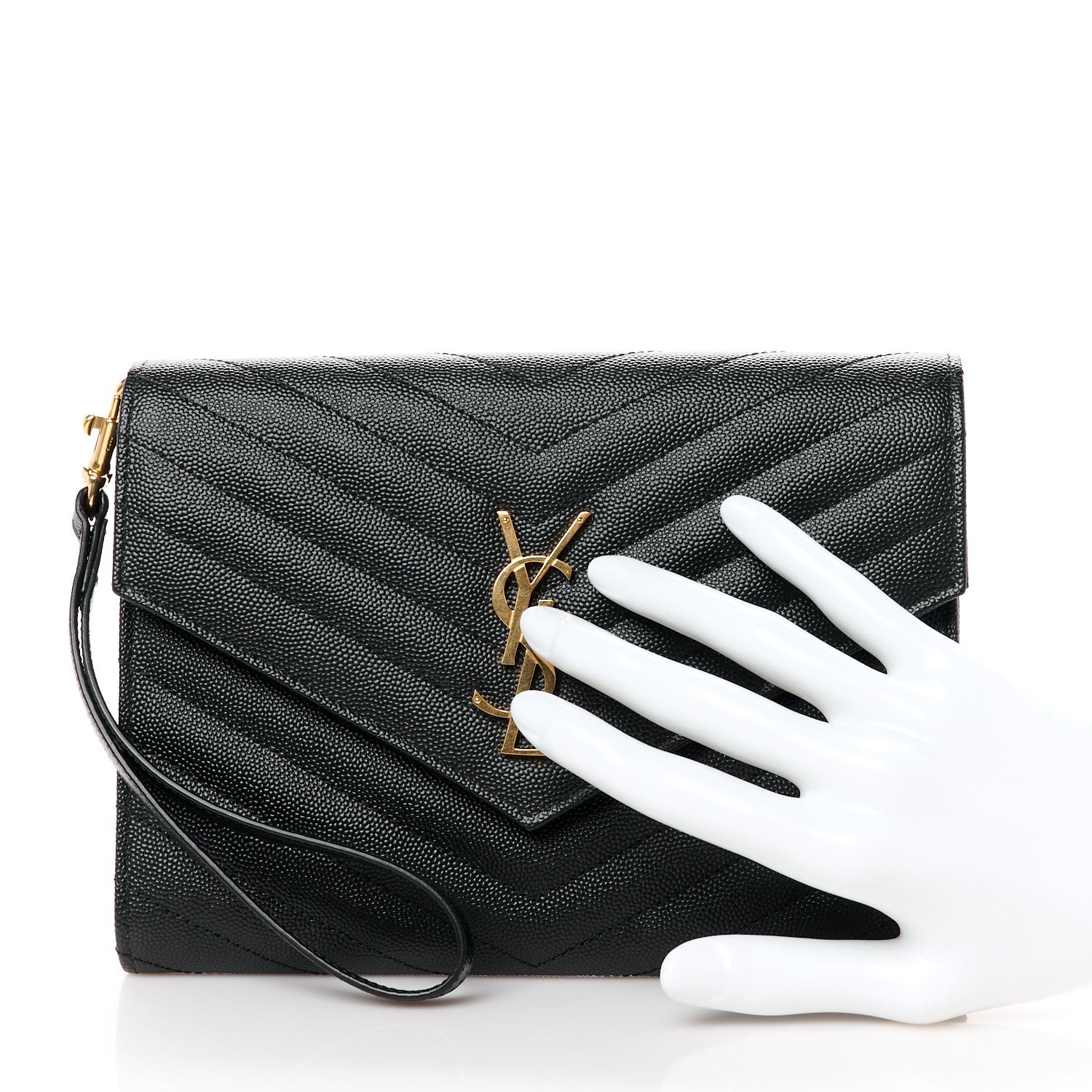 Saint Laurent Grain De Poudre Matelasse Chevron Monogram Envelope Clutch Black 2 of 11
