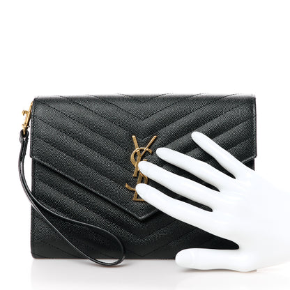 Saint Laurent Grain De Poudre Matelasse Chevron Monogram Envelope Clutch Black 2 of 11