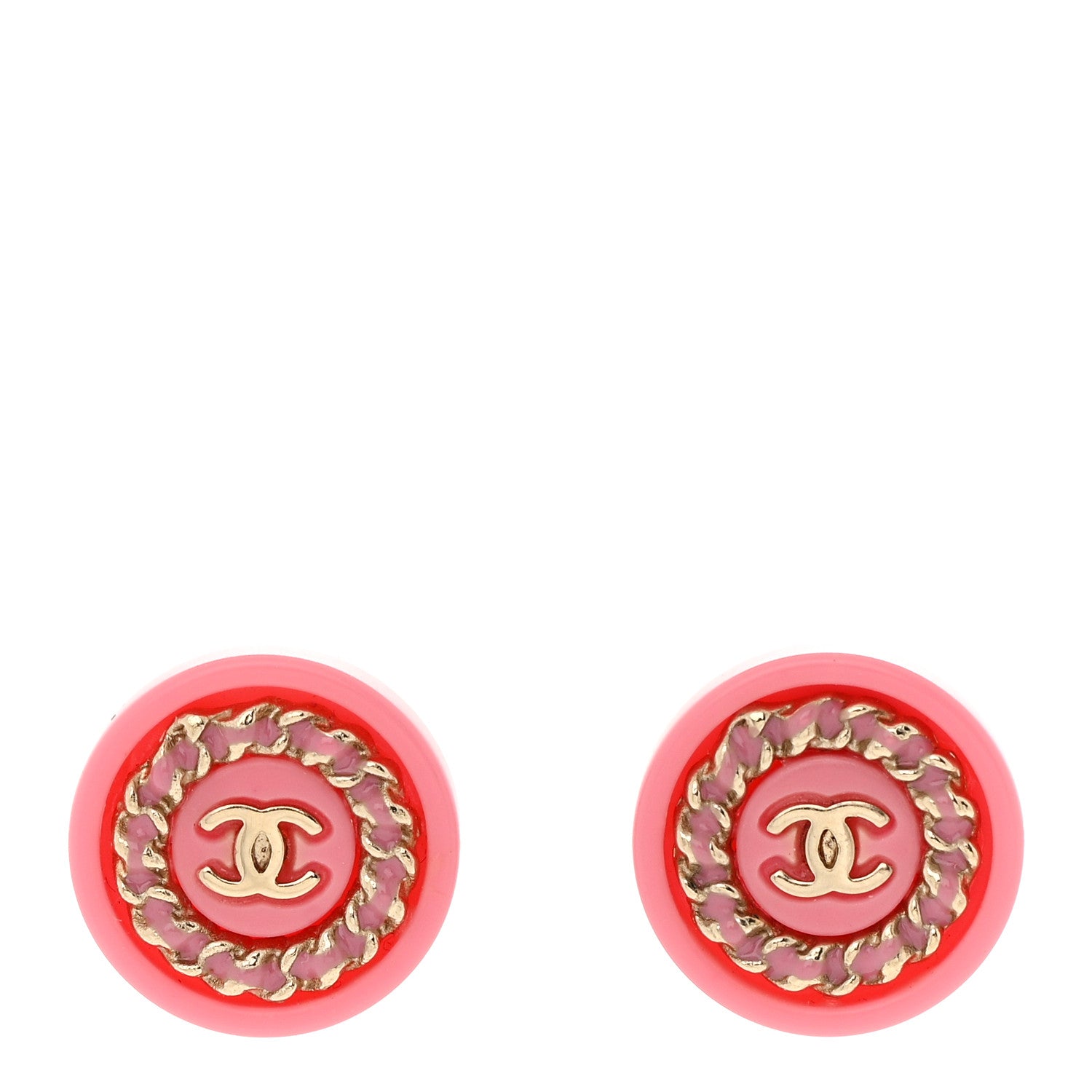 Chanel Resin Crystal Chain CC Round Earrings Gold Pink 1 of 6