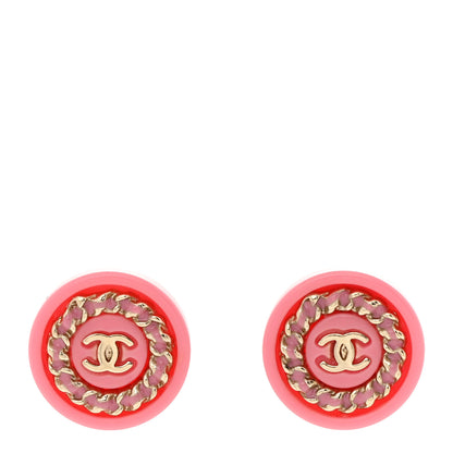 Chanel Resin Crystal Chain CC Round Earrings Gold Pink 1 of 6