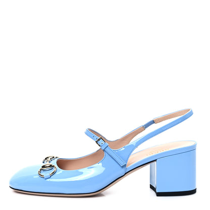 Gucci Vernice Crystal Horsebit Charlotte 42mm Slingback Pumps 37 Glacial Blue 1 of 9