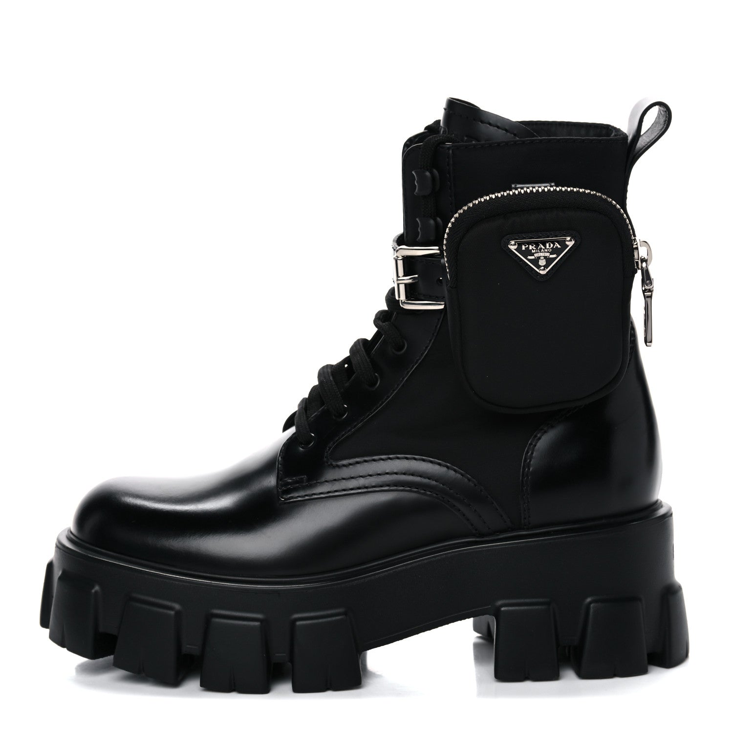 Prada Spazzolato Rois Nylon Metal Triangle Logo Monolith Pouch Pocket 55mm Boots 37 Black 1 of 16