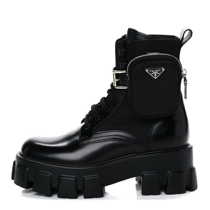 Prada Spazzolato Rois Nylon Metal Triangle Logo Monolith Pouch Pocket 55mm Boots 37 Black 1 of 16