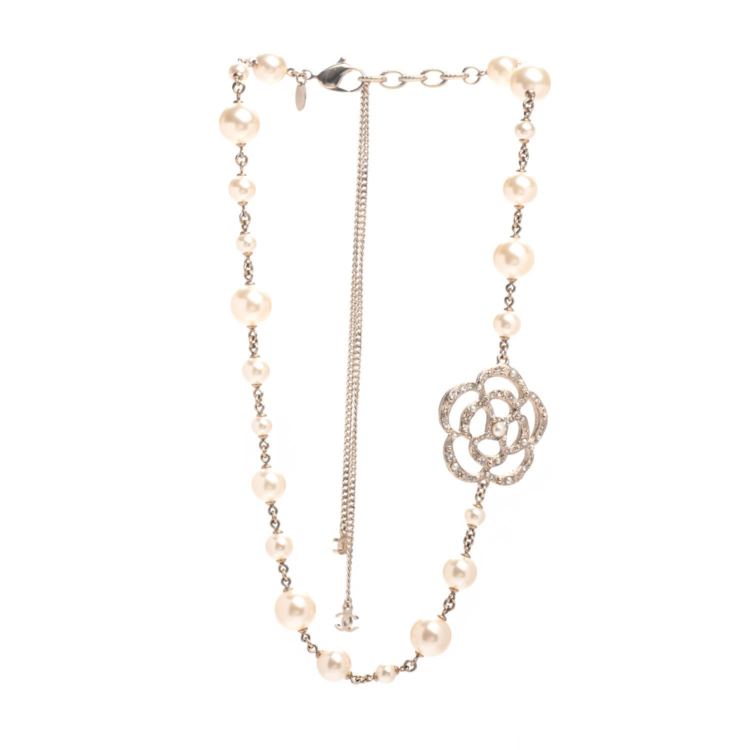 Chanel Pearl Crystal Camellia CC Necklace Gold 3 of 4