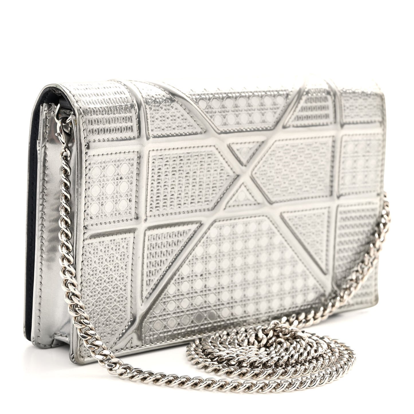 Metallic Patent Micro-Cannage Diorama Wallet on Chain Pouch Silver