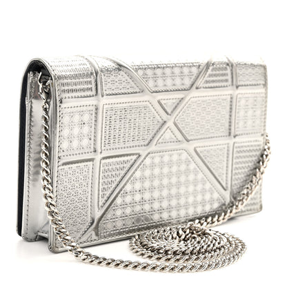 Christian Dior Metallic Patent Micro-Cannage Diorama Wallet on Chain Pouch Silver 3 of 9