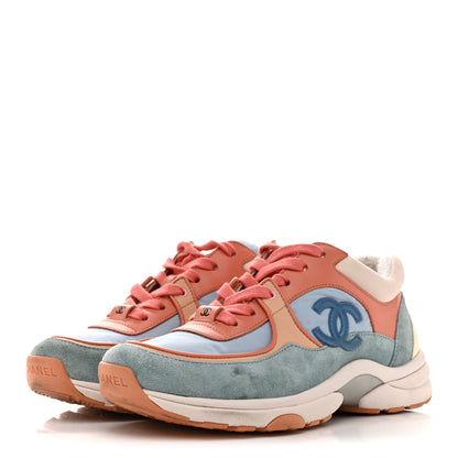 Chanel Nylon Lambskin Suede Calfskin CC Sneakers 35 Coral Light Blue White 4 of 12