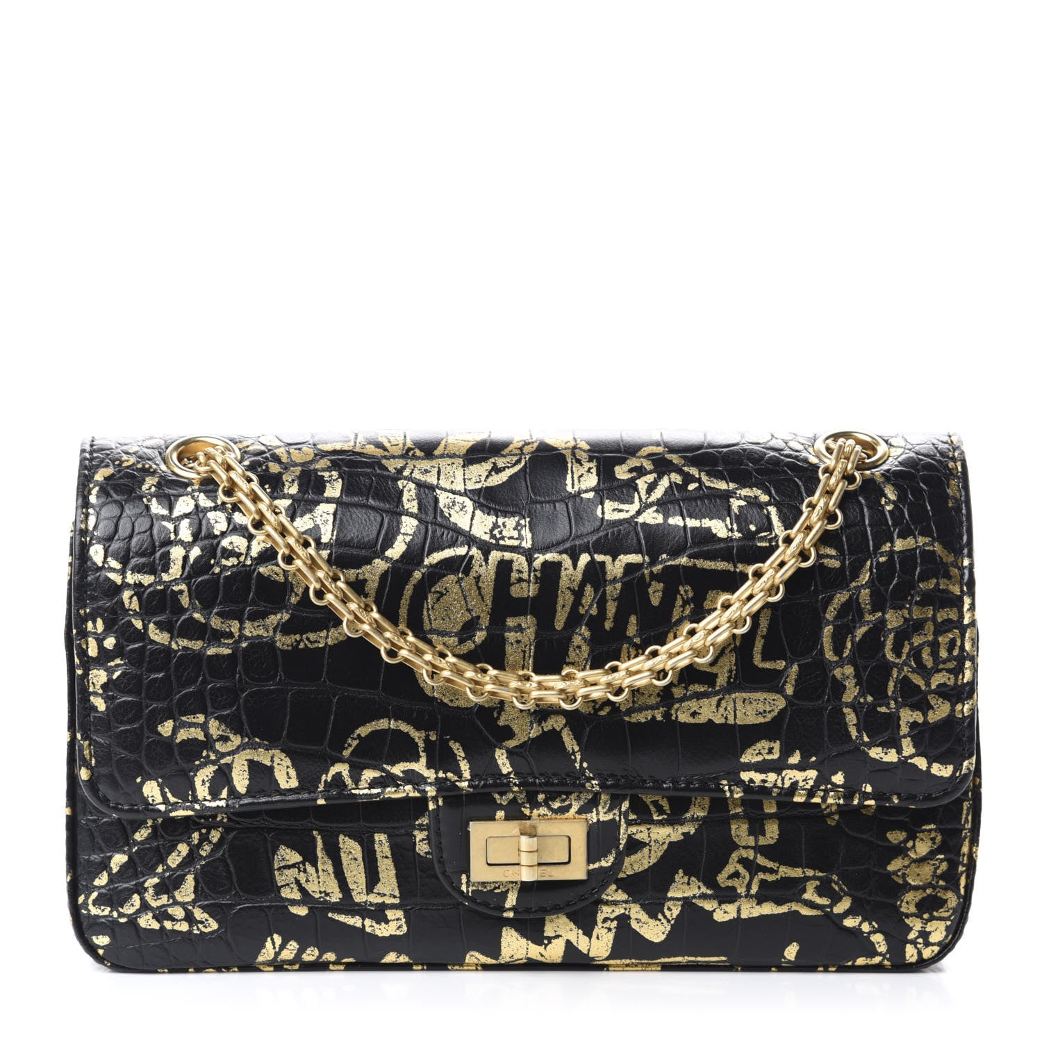 Chanel Calfskin Crocodile Embossed Graffiti 2.55 Cocodile Reissue 225 Flap Black Gold 1 of 13