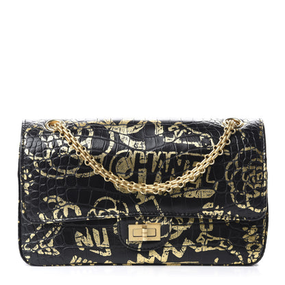 Chanel Calfskin Crocodile Embossed Graffiti 2.55 Cocodile Reissue 225 Flap Black Gold 1 of 13