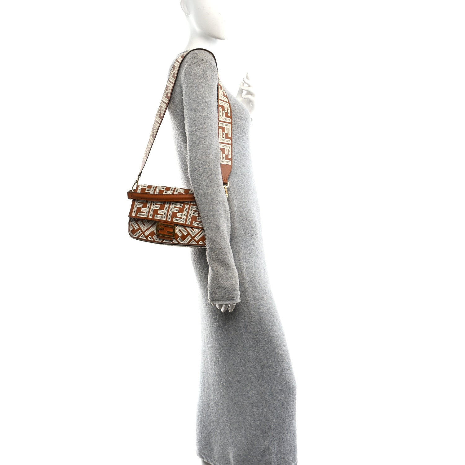 Fendi Vitello Seta FF Ajour Embroidered Baguette Brandy 1887737