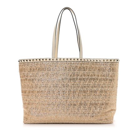 Valentino Garavani Metallic Boucle Raffia Calfskin Rockstud Shoulder Tote White Gold Ivory 1 of 9