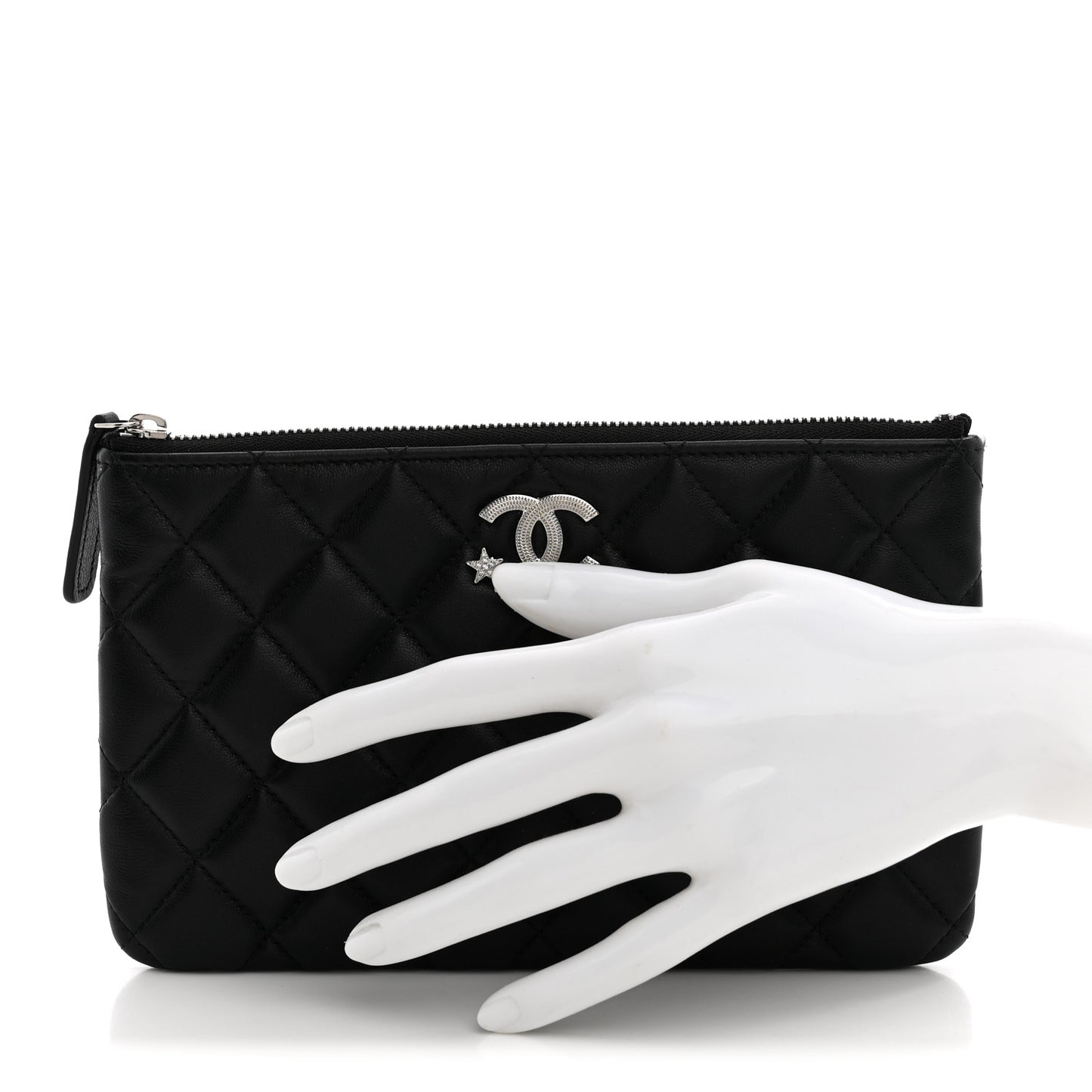 Lambskin Quilted Crystal Star Cosmetic Case Black