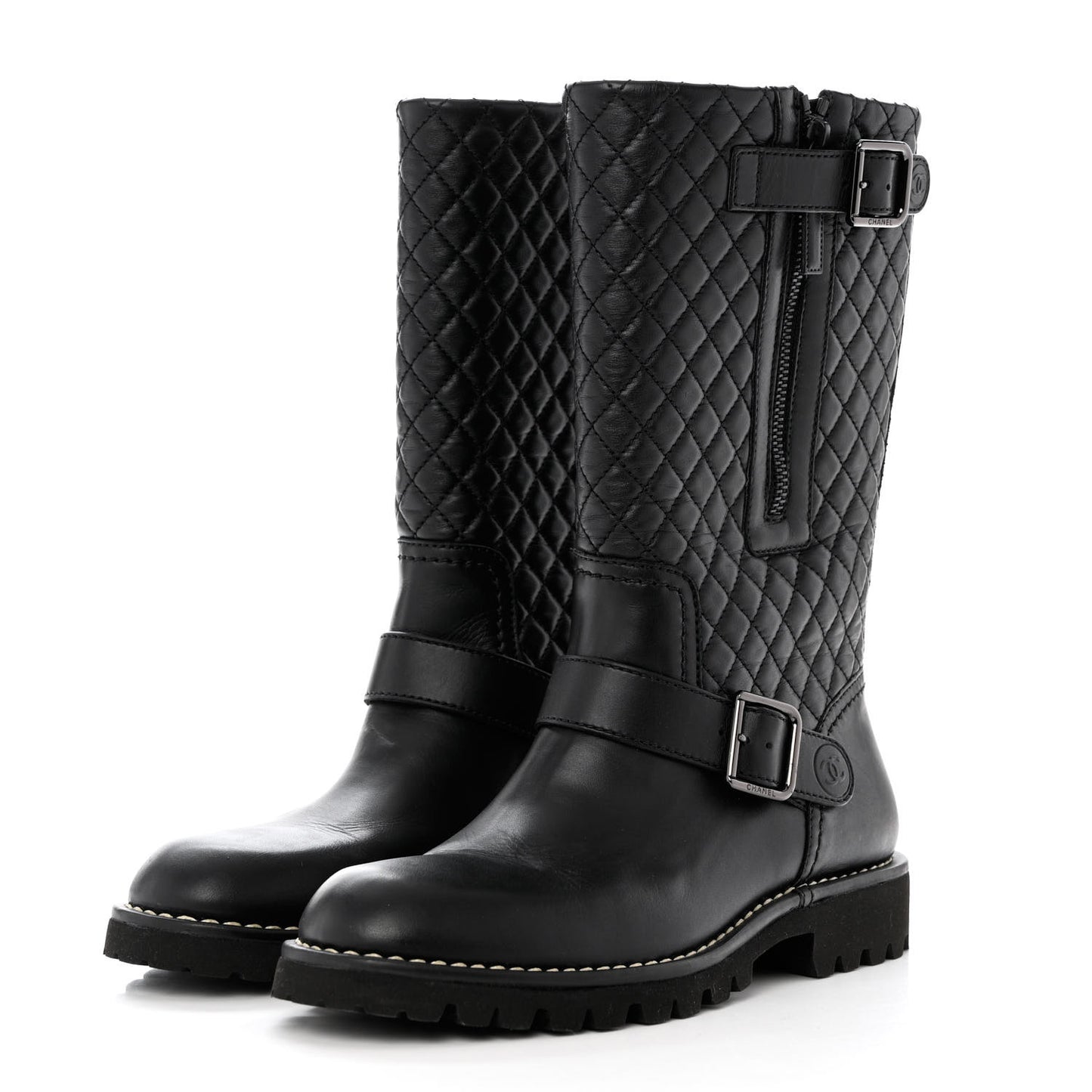 Calfskin Quilted Biker Boots 37.5 Black