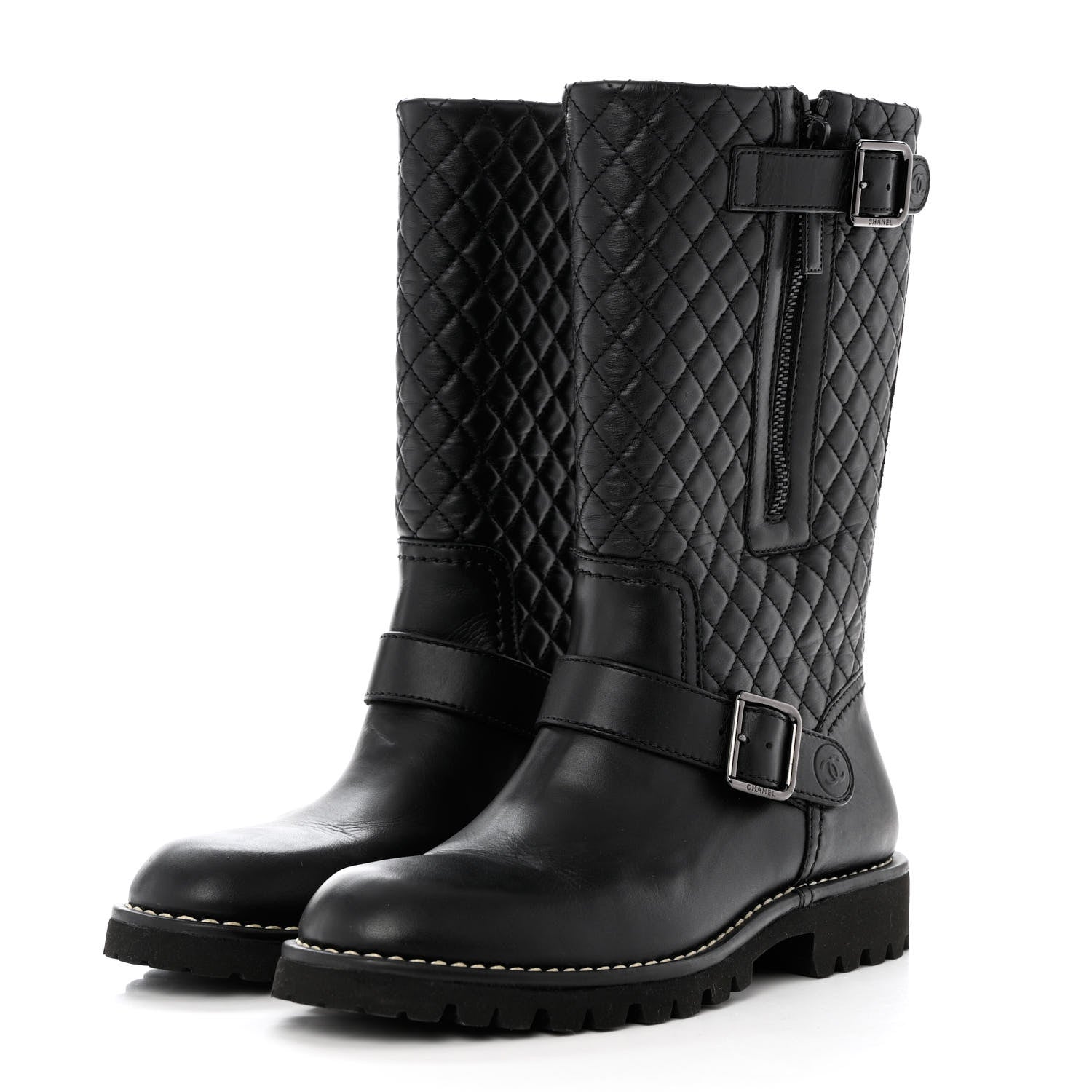 Chanel Calfskin Quilted Biker Boots 37.5 Black 3 of 7