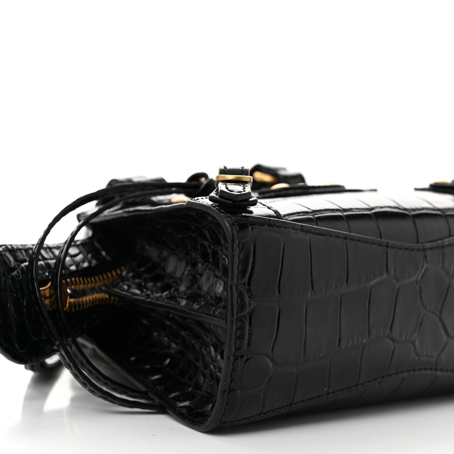 Shiny Supple Calfskin Crocodile Embossed Neo Classic Gold Hardware Nano City Crossbody Black