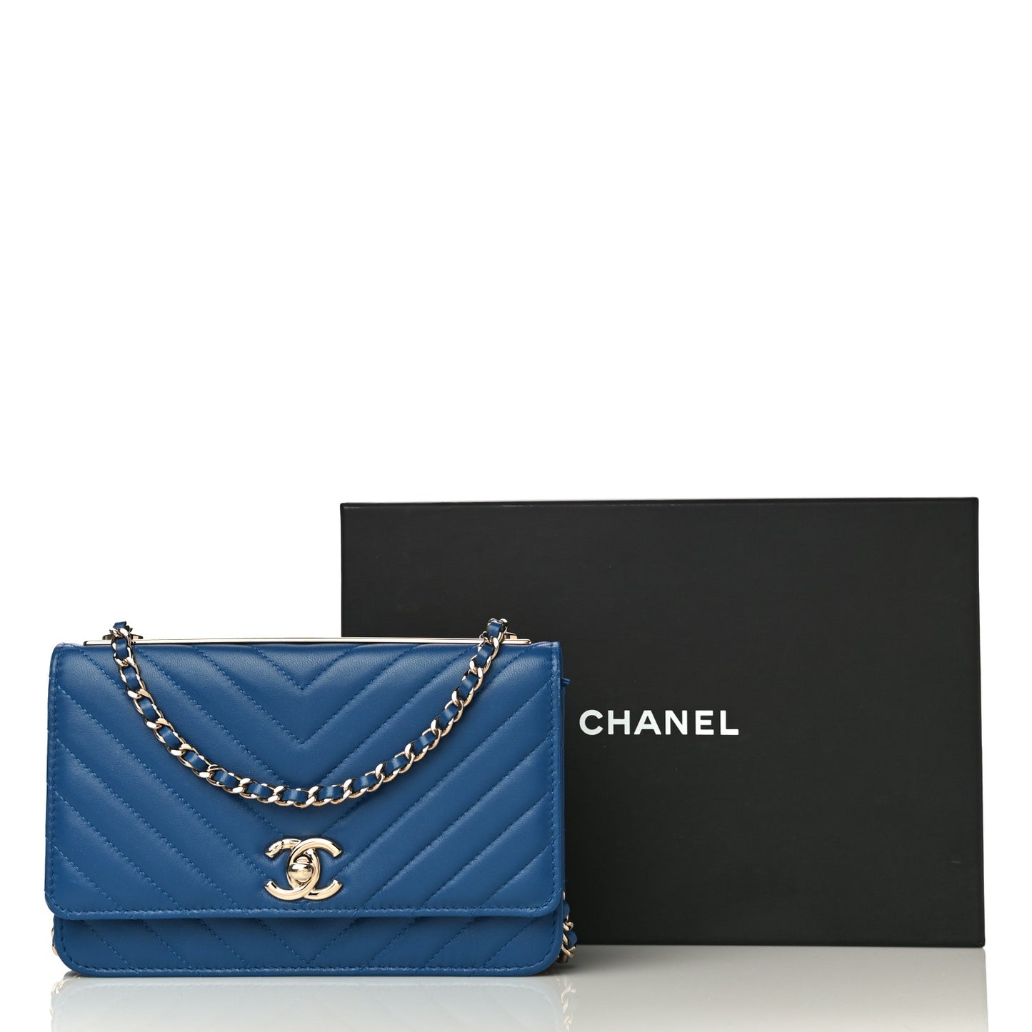 Lambskin Chevron Quilted Trendy CC Wallet On Chain WOC Blue
