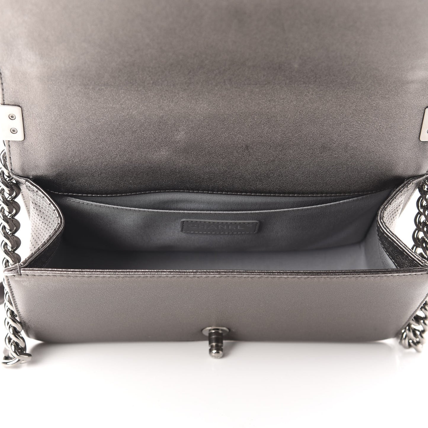 Metallic Lambskin Perforated Medium Boy Flap Dark Silver
