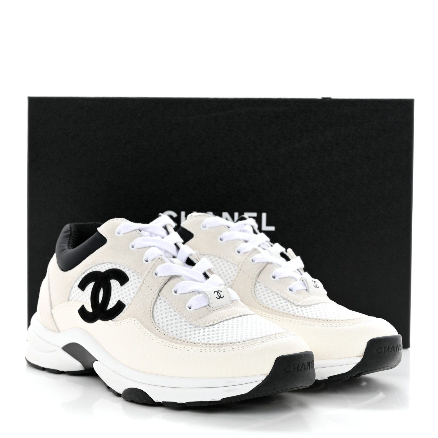 Chanel Mesh Suede Calfskin Grained Calfskin Womens CC Sneakers 38 White Black 9 of 9