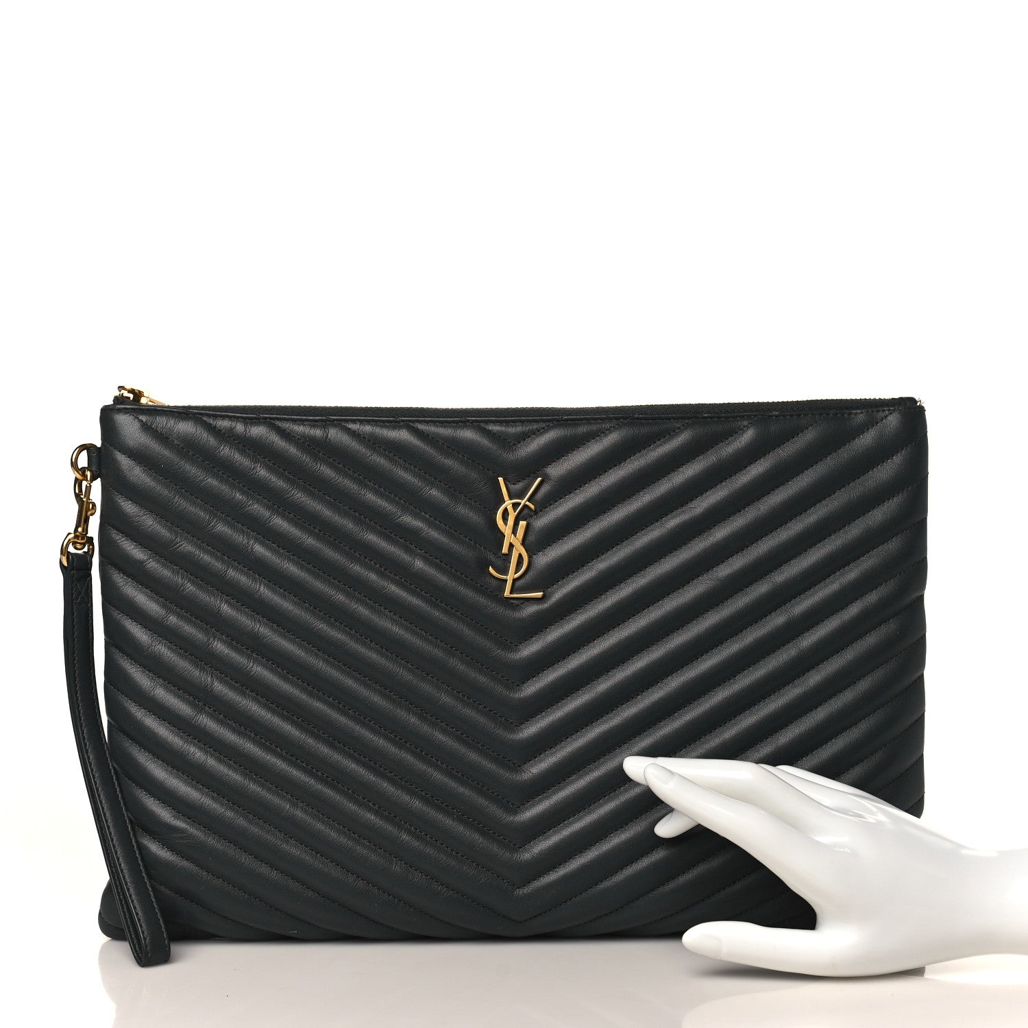 Saint Laurent Calfskin Matelasse Chevron Cassandre Monogram Document Holder Coal 2 of 10
